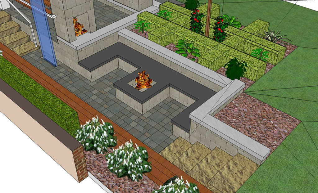 3d design with seat walls and firepit